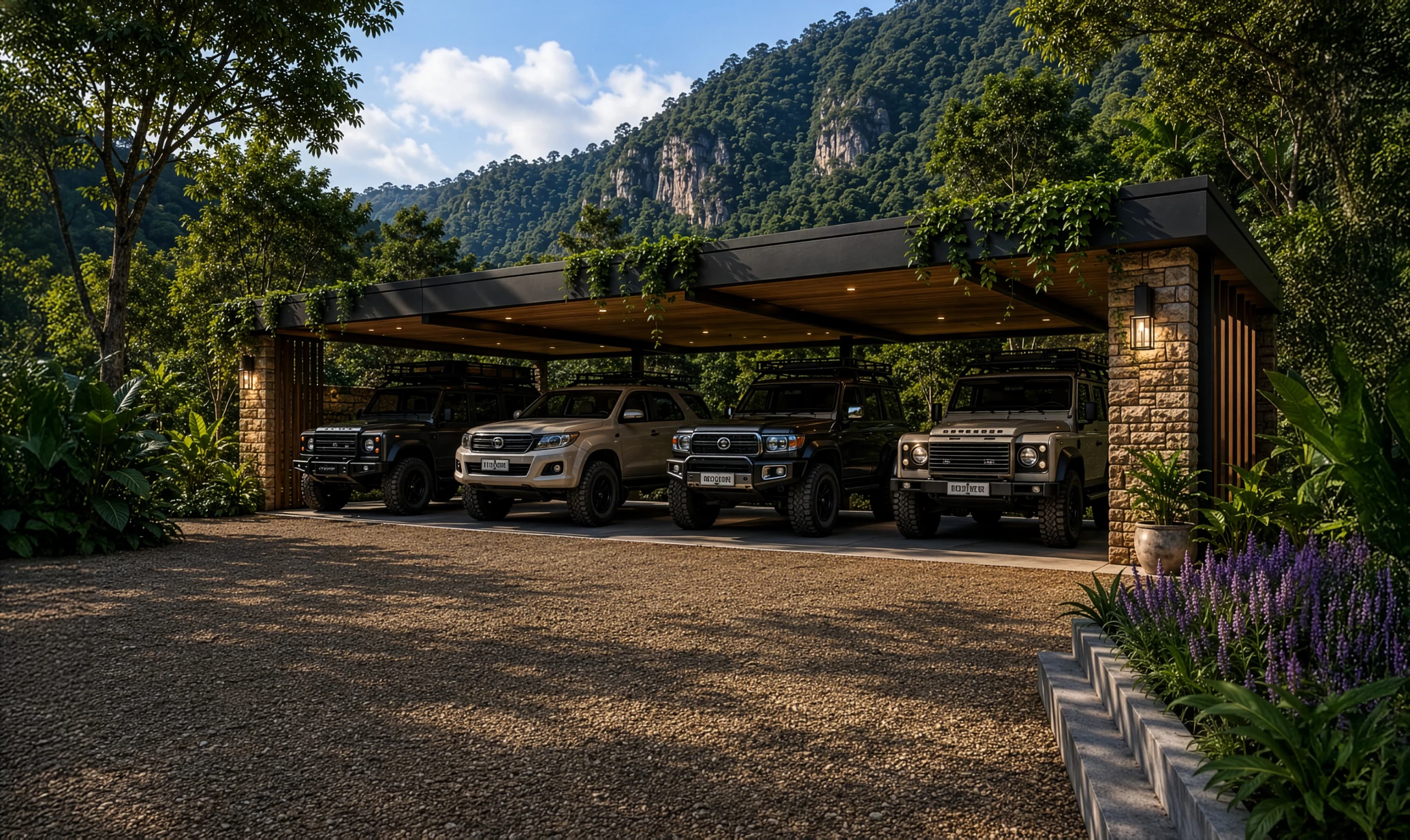 Designed carport under indigenous mountain canopy · timber pergola · savanna biome plantings · Dakani Studio