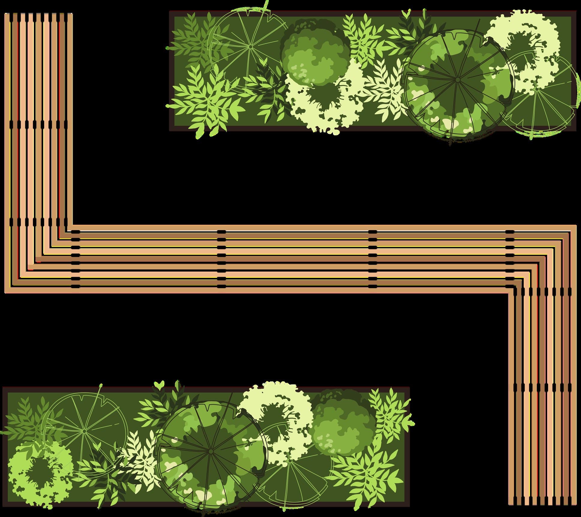 Plan-view of a wooden hardscape composition with tree-canopy planters.