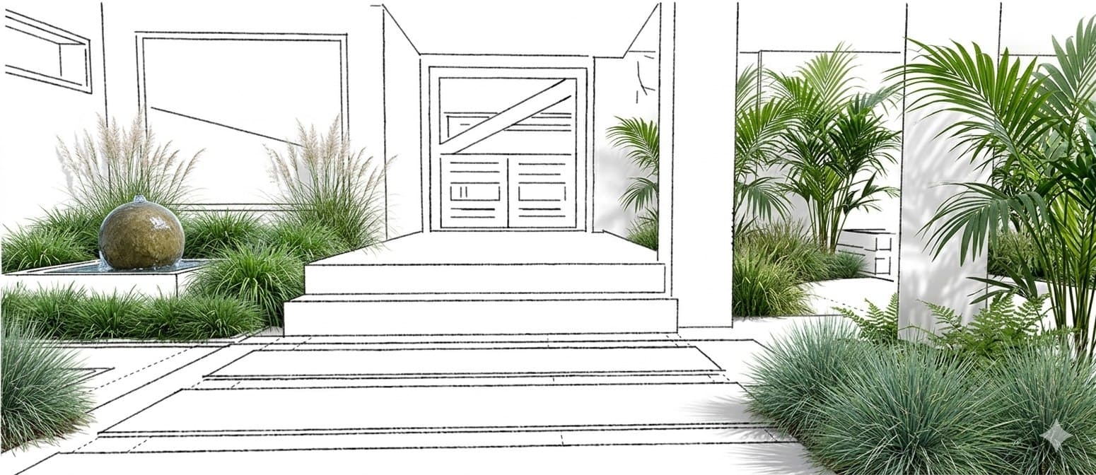 Courtyard Design concept sketch — front entrance, stepped paving, planted edges, sculptural sphere element.