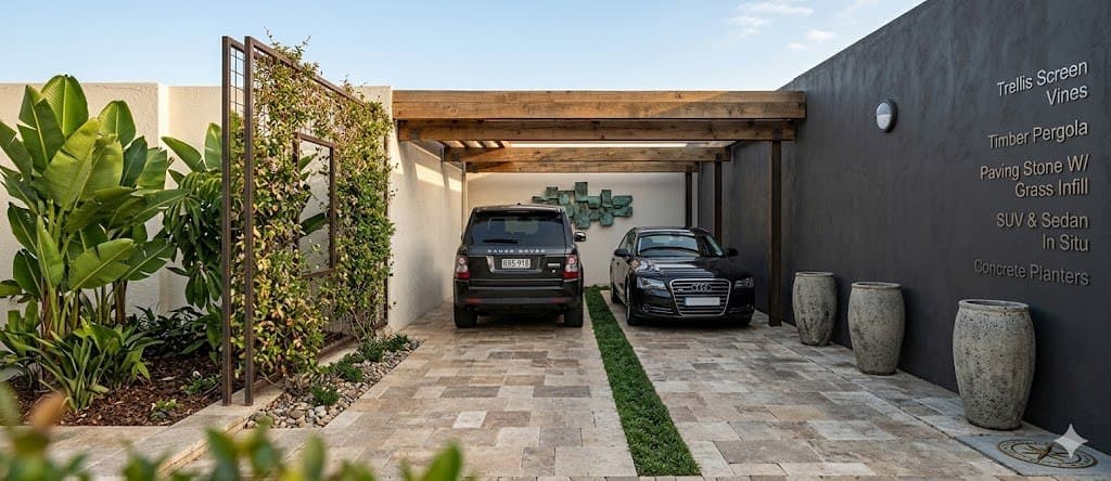 Cantilever carport with cars parked beneath, plants along the wall.