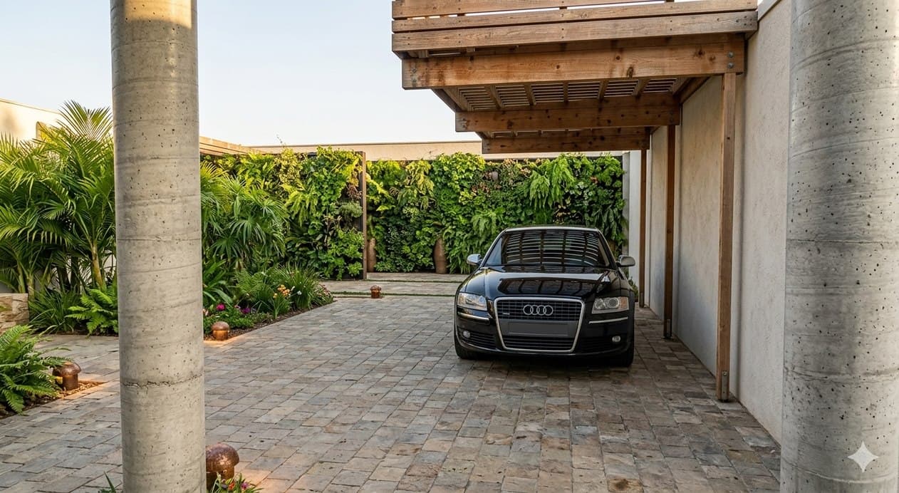 Drive Way & Parking Design — paved driveway with planted edges, palms and parked car under cantilever roof.