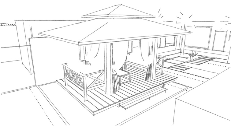 Pergola concept sketch — open frame structure over decked seating.