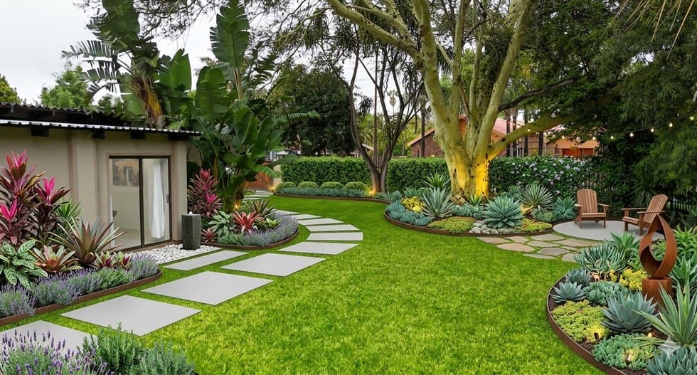 Lush garden with succulent border, lawn and shaded trees.