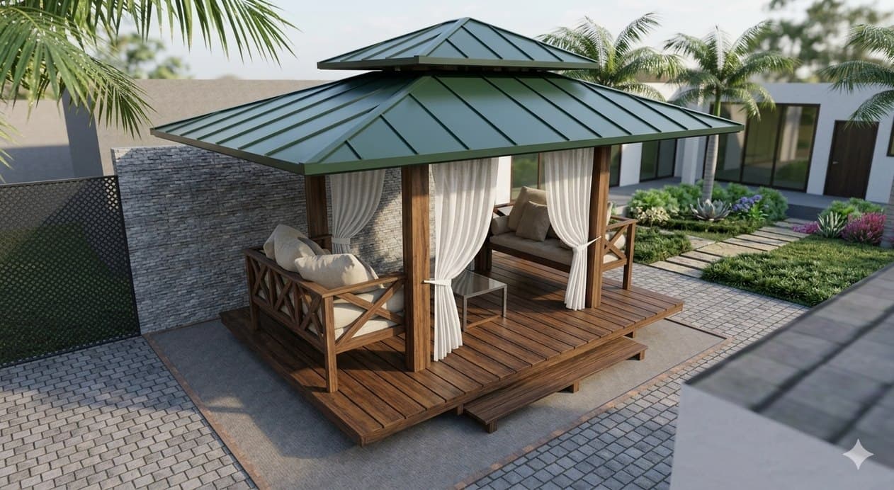 Garden Elements hero — gazebo with green roof, decked seating, garden surrounds.