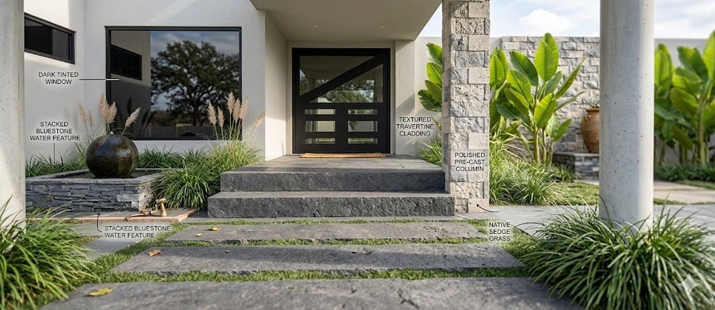 Front entrance steps with planted columns, modern architecture.