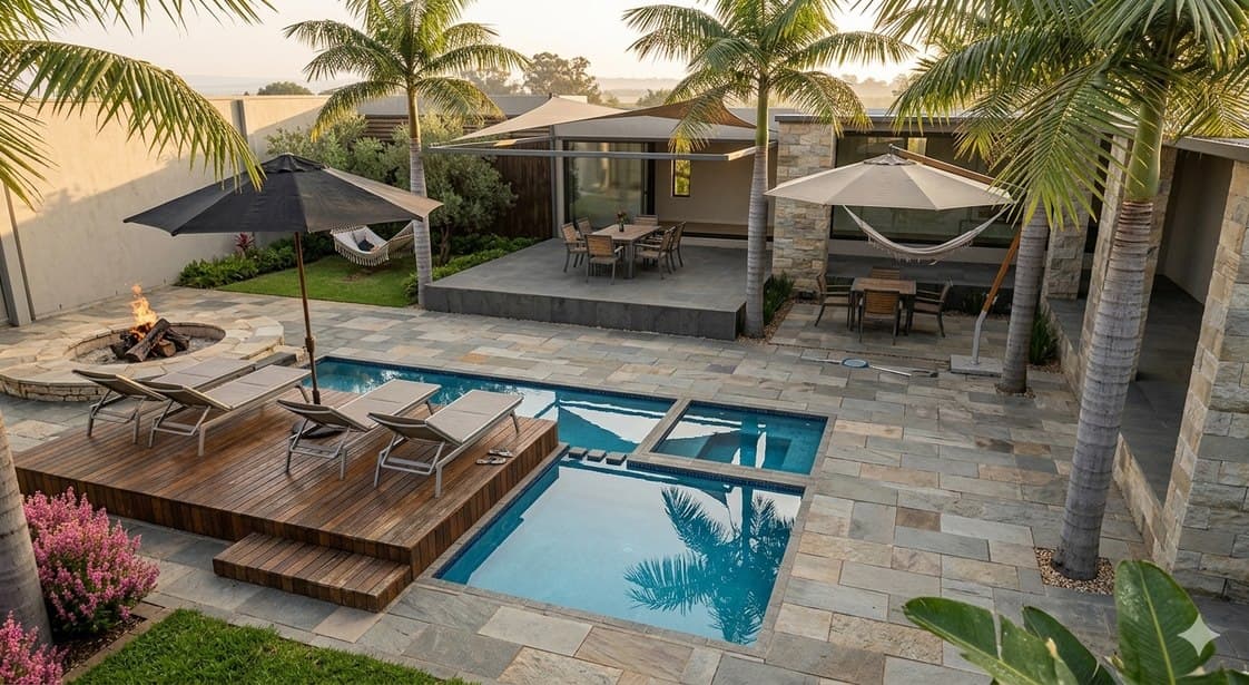 Pool deck with daybeds, pergola and outdoor dining.