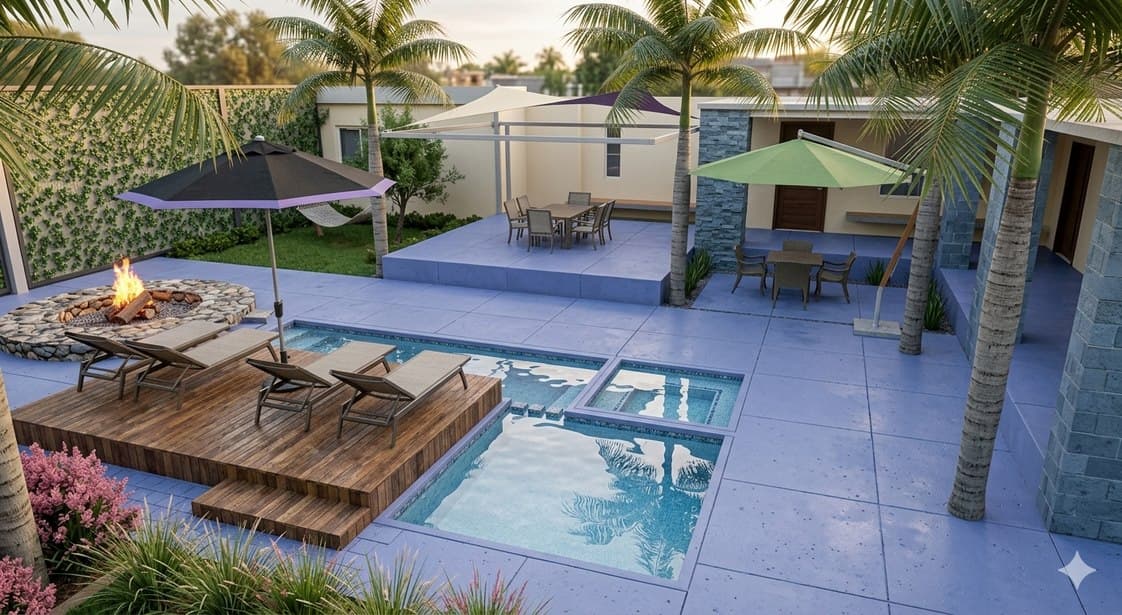 Poolside lounge — daybeds along the water, pergola shade structure.